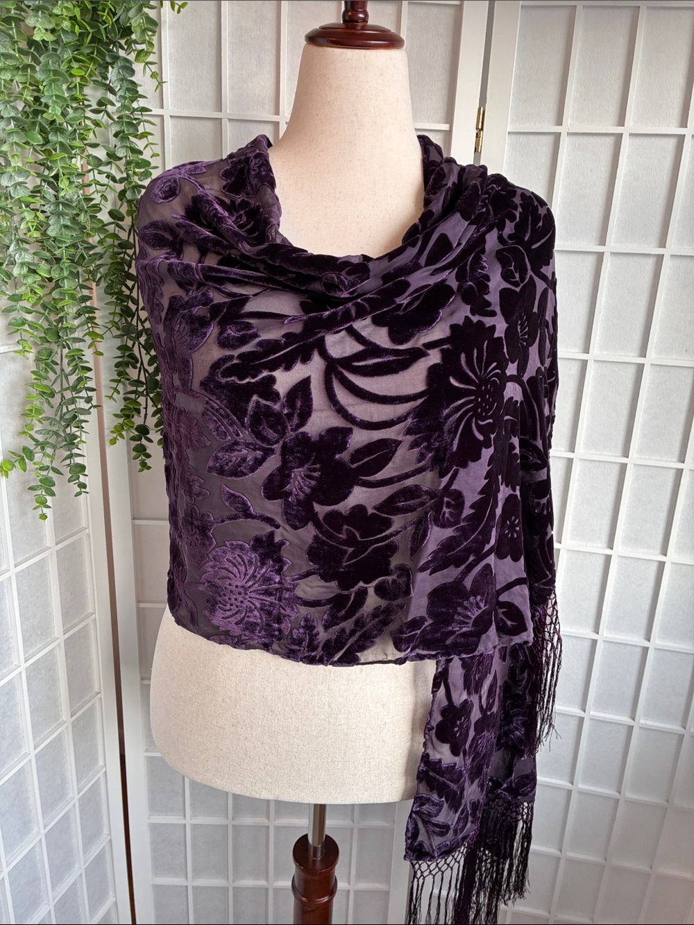Zazou Luxe Silk & Velvet Plum Purple Burnout Floral Scarf with Fringe
